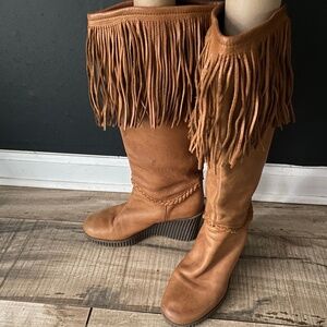 VTG PAOLA FERRI Tall Tan Leather Fringe Wedge Boots Size 37/7